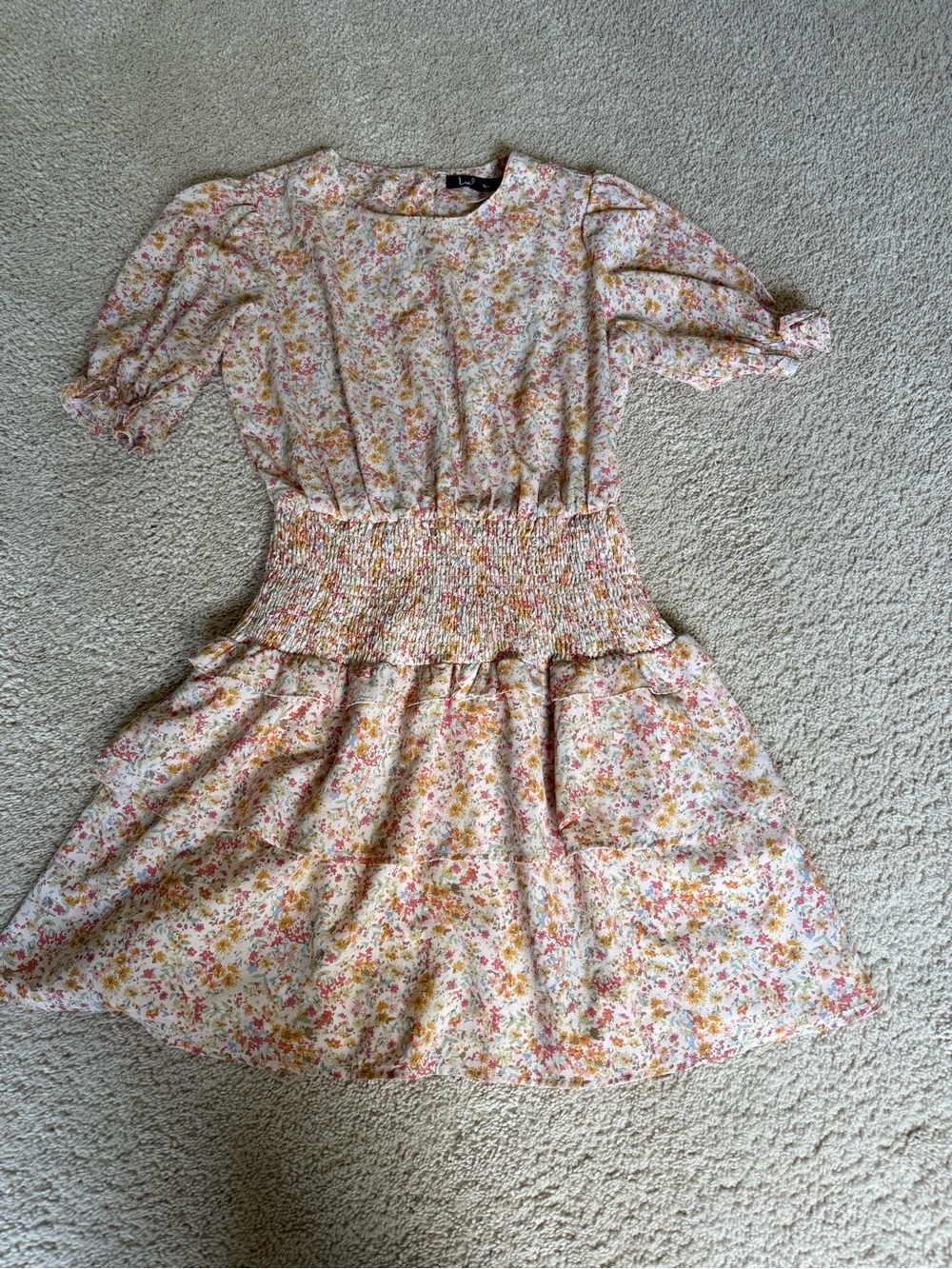 Lulu's Cream Floral Smocked-Waist women’s Dress with Pink and Yellow Flowers